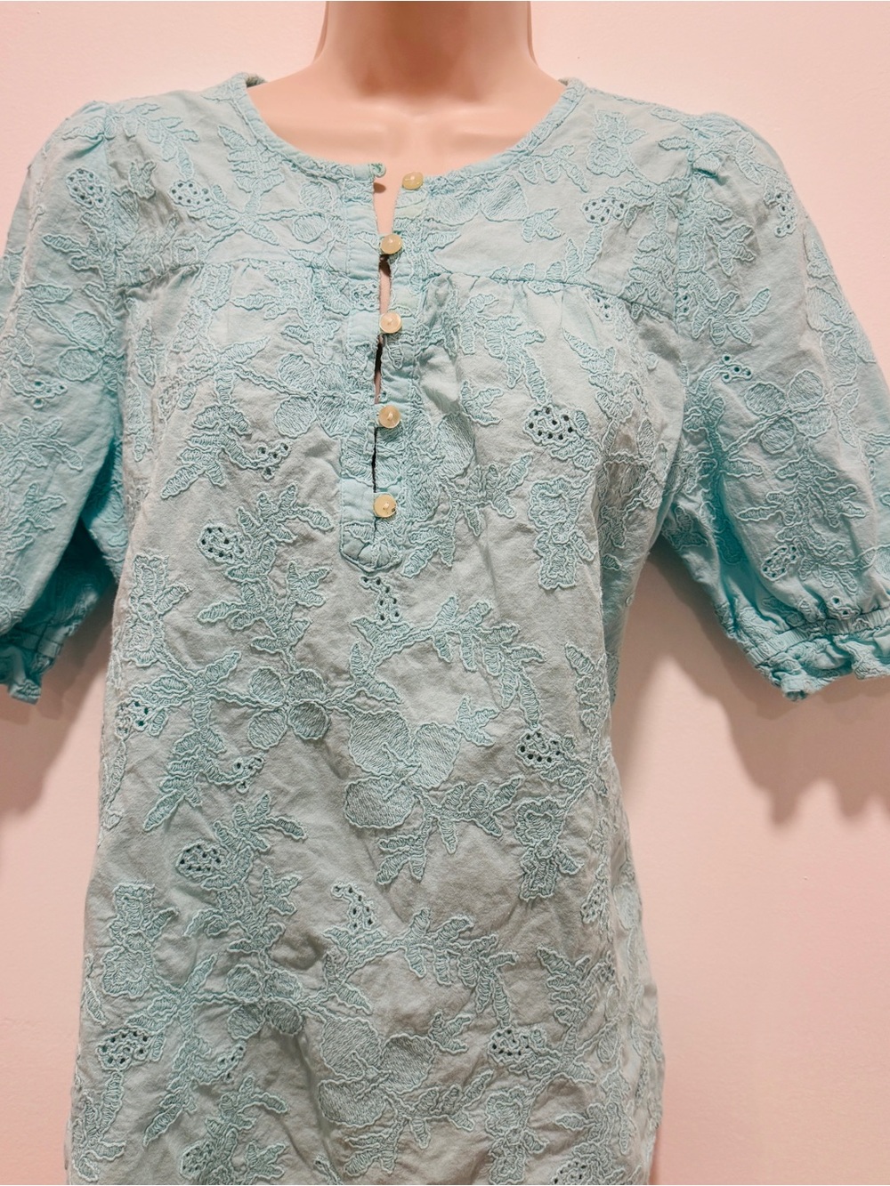 LOFT Aqua Blue Embroidered Cotton Blouse Size M